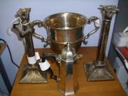2 handled trophy, coffee pot and candlesticks.